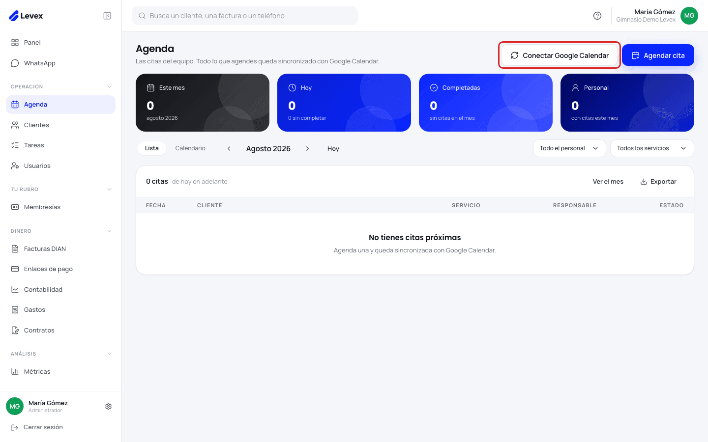 Botón "Conectar Google Calendar" en la parte superior de Agenda
