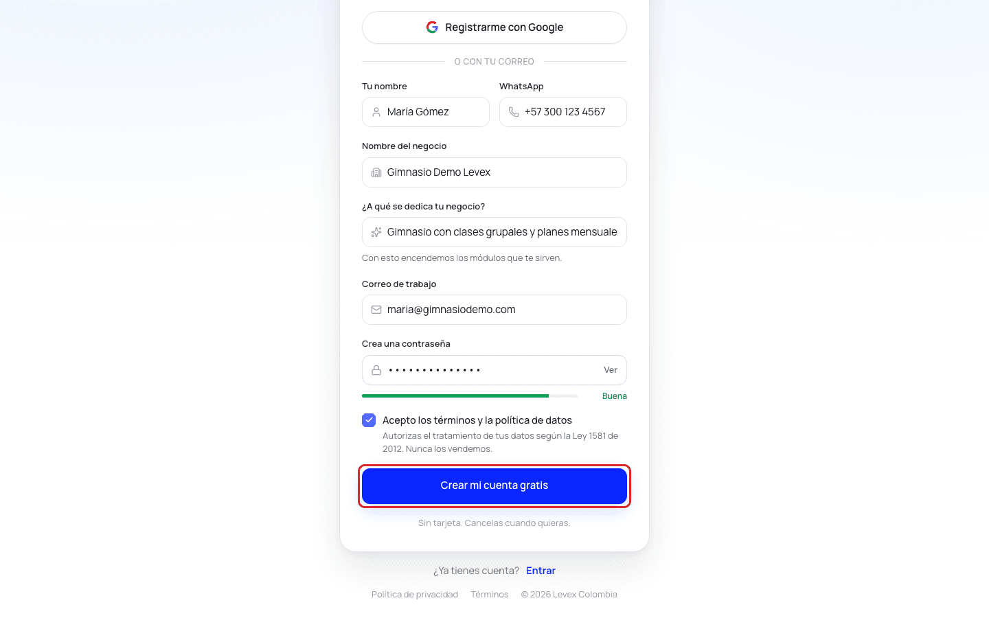 Formulario de registro: nombre, WhatsApp, negocio, a qué se dedica, correo y contraseña