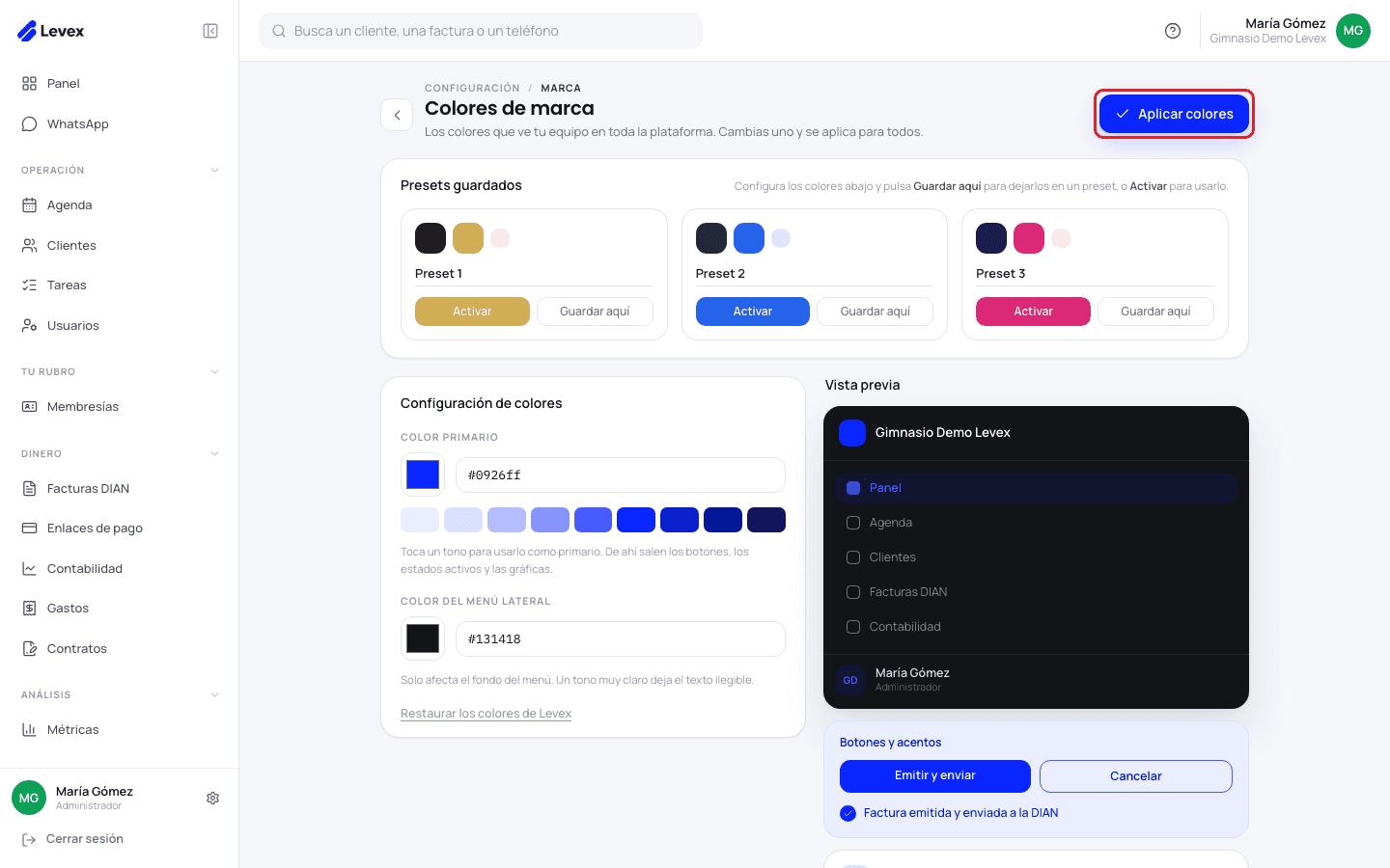 Configuración → Marca: colores de la plataforma con vista previa en vivo
