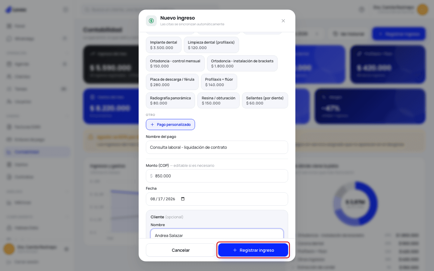 Formulario de pago personalizado con nombre, monto, fecha, datos del cliente y el botón Registrar ingreso