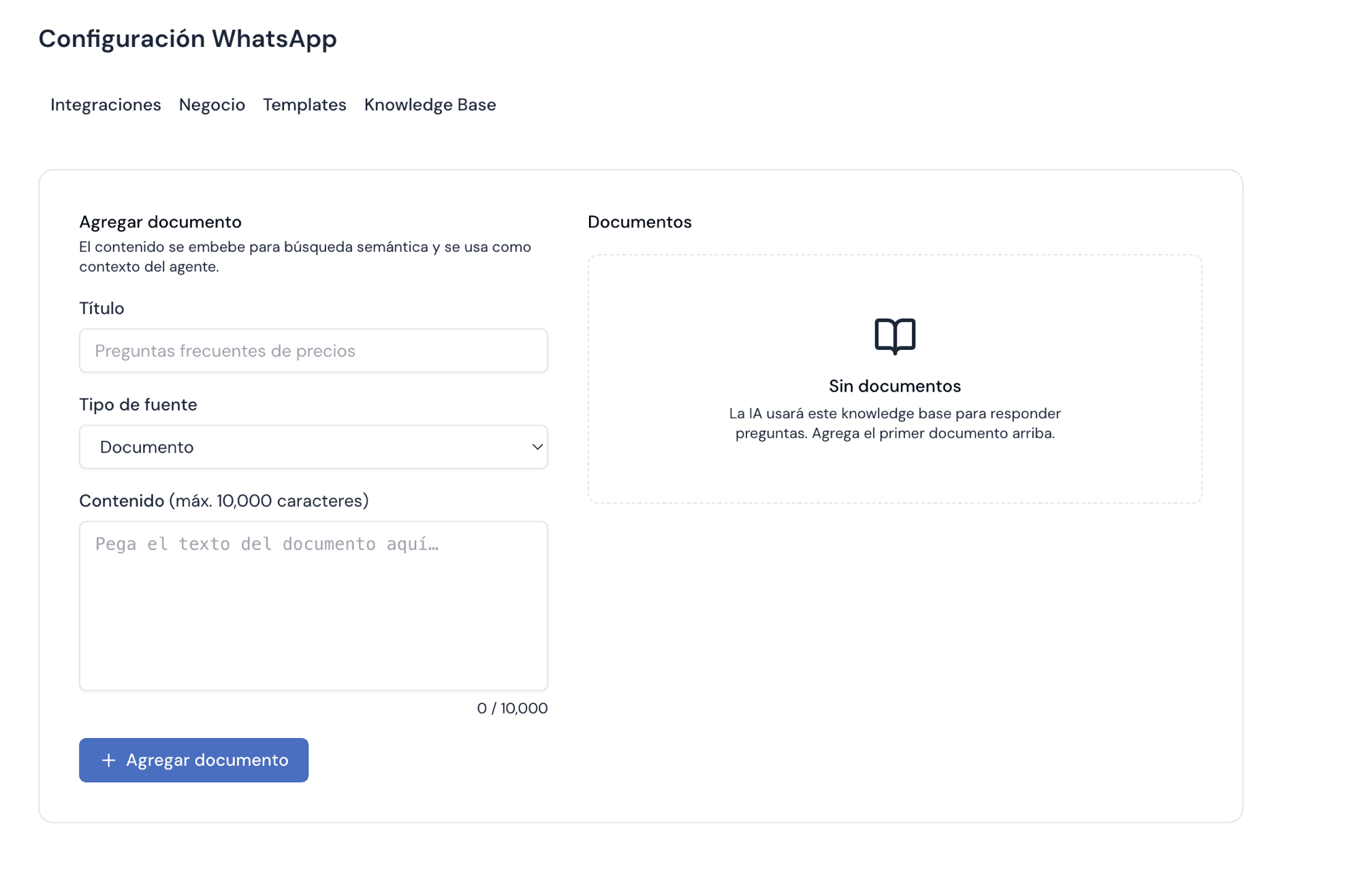 Formulario del Knowledge Base en Levex