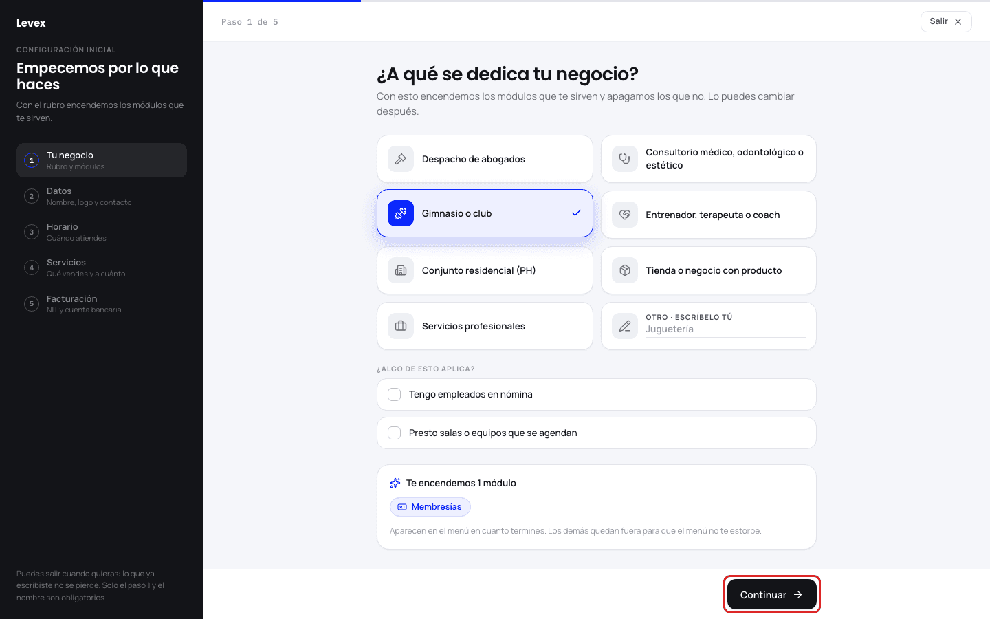 Paso 1 de 5: selección del rubro del negocio y módulos que se encienden