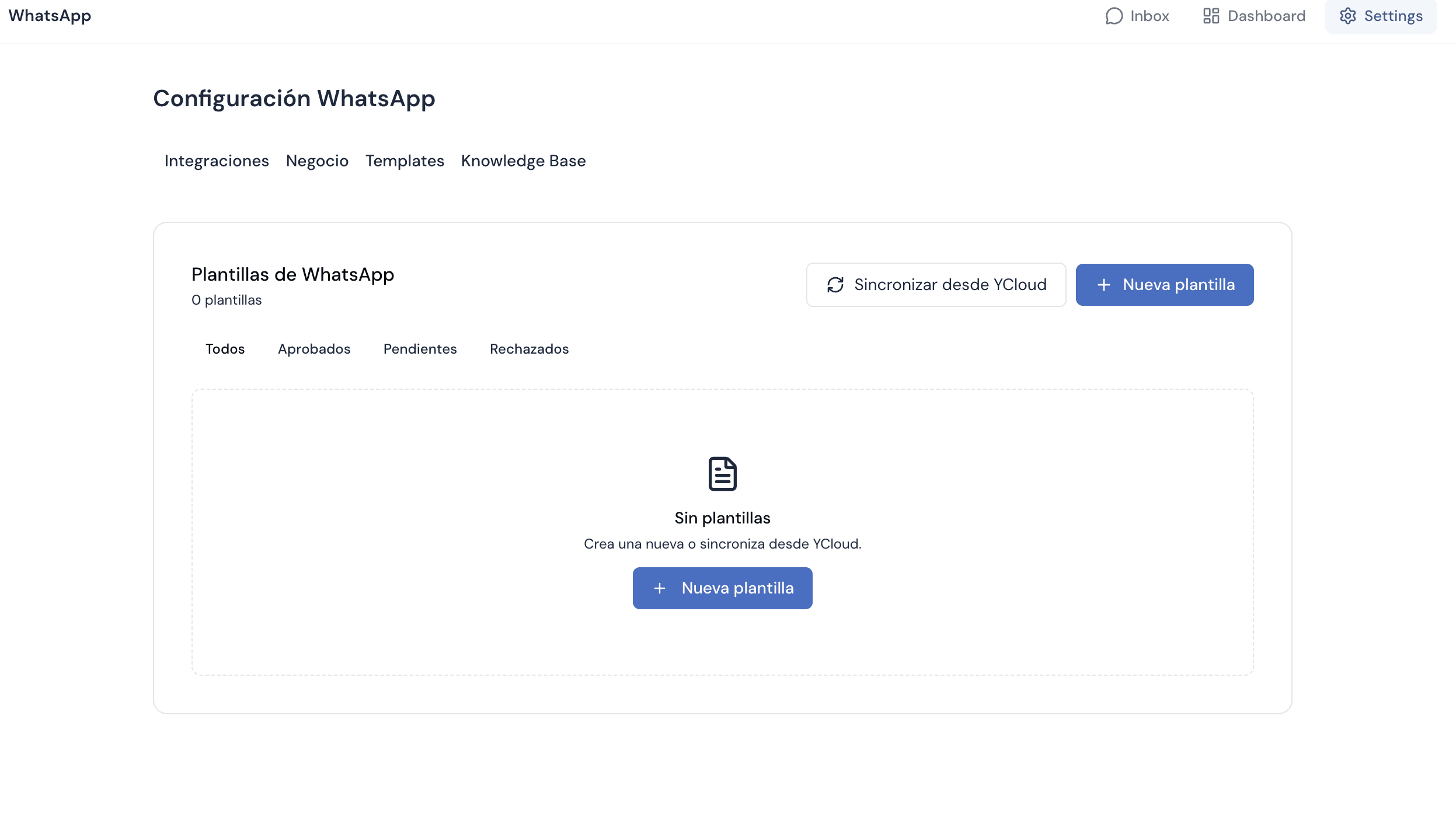 Pestaña Templates en la configuración de WhatsApp