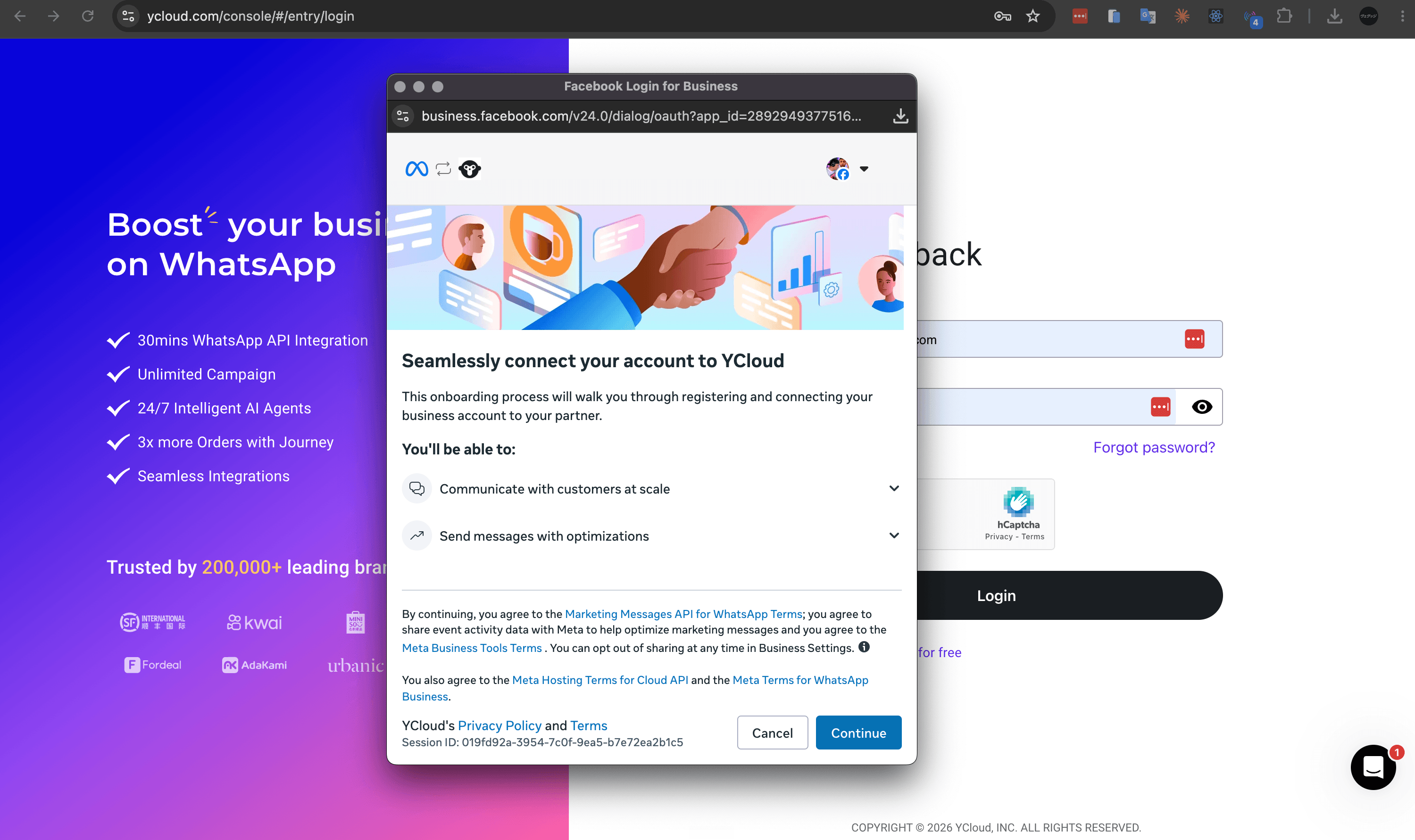 Ventana de Facebook para conectar tu cuenta con YCloud
