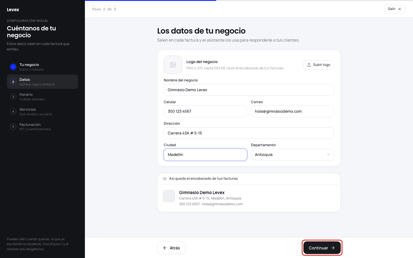 Paso 2 de 5: nombre, logo, celular, correo y dirección del negocio