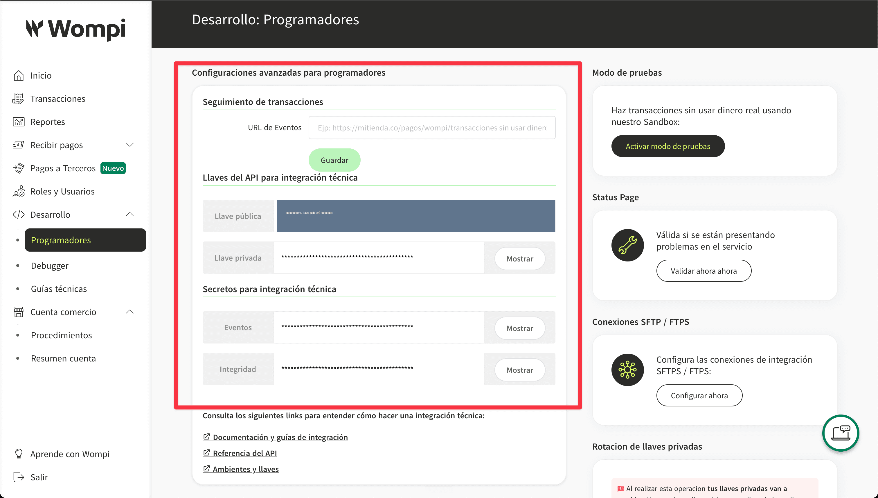 Pantalla de llaves y secretos en Wompi