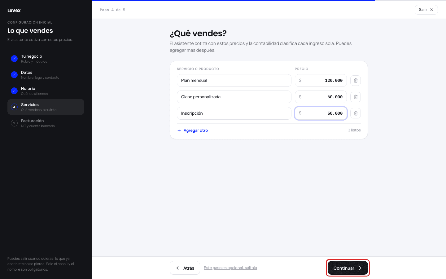 Paso 4 de 5: nombre y precio de los servicios o productos que ofreces