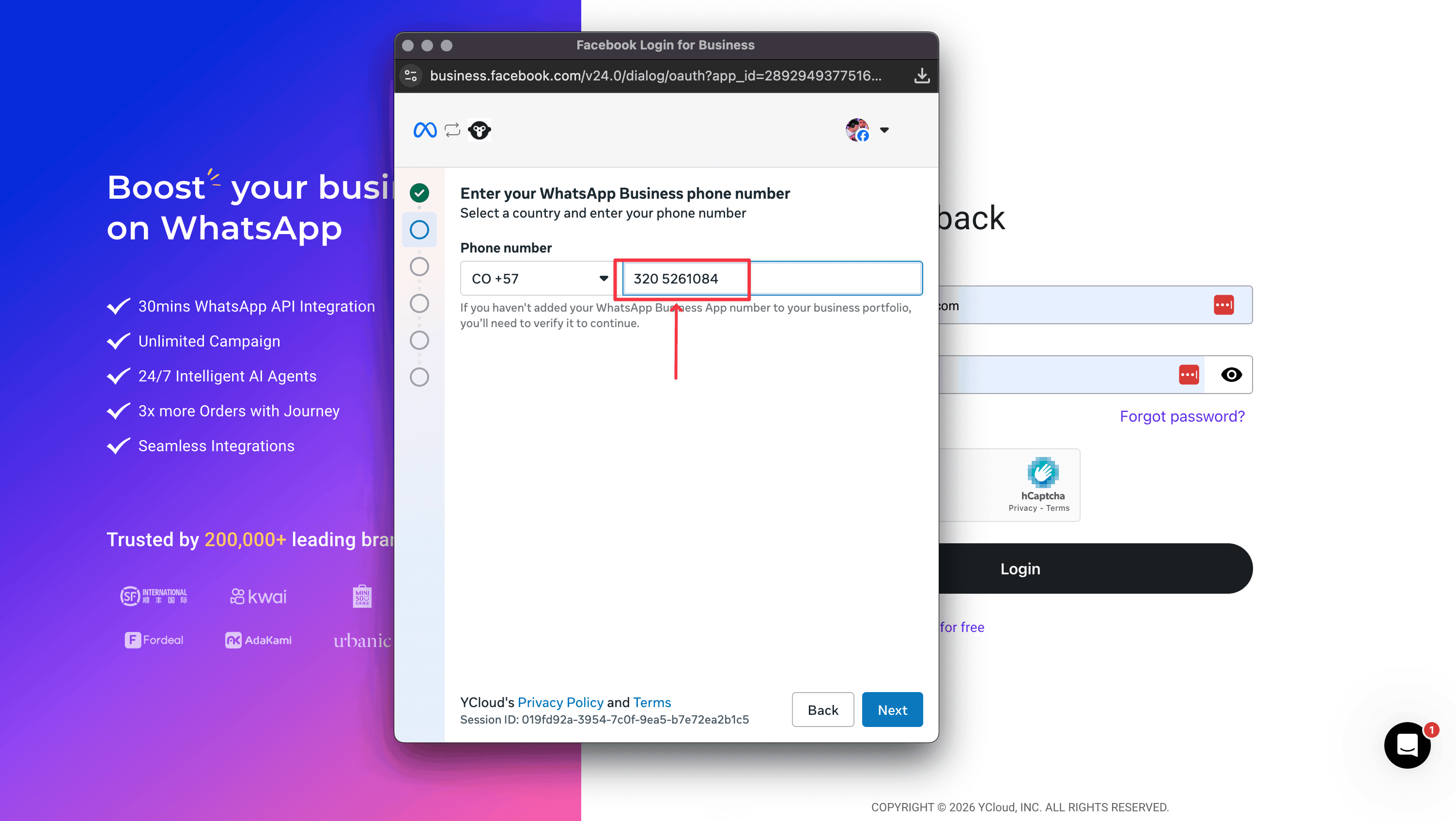 Campo para escribir el número de WhatsApp
