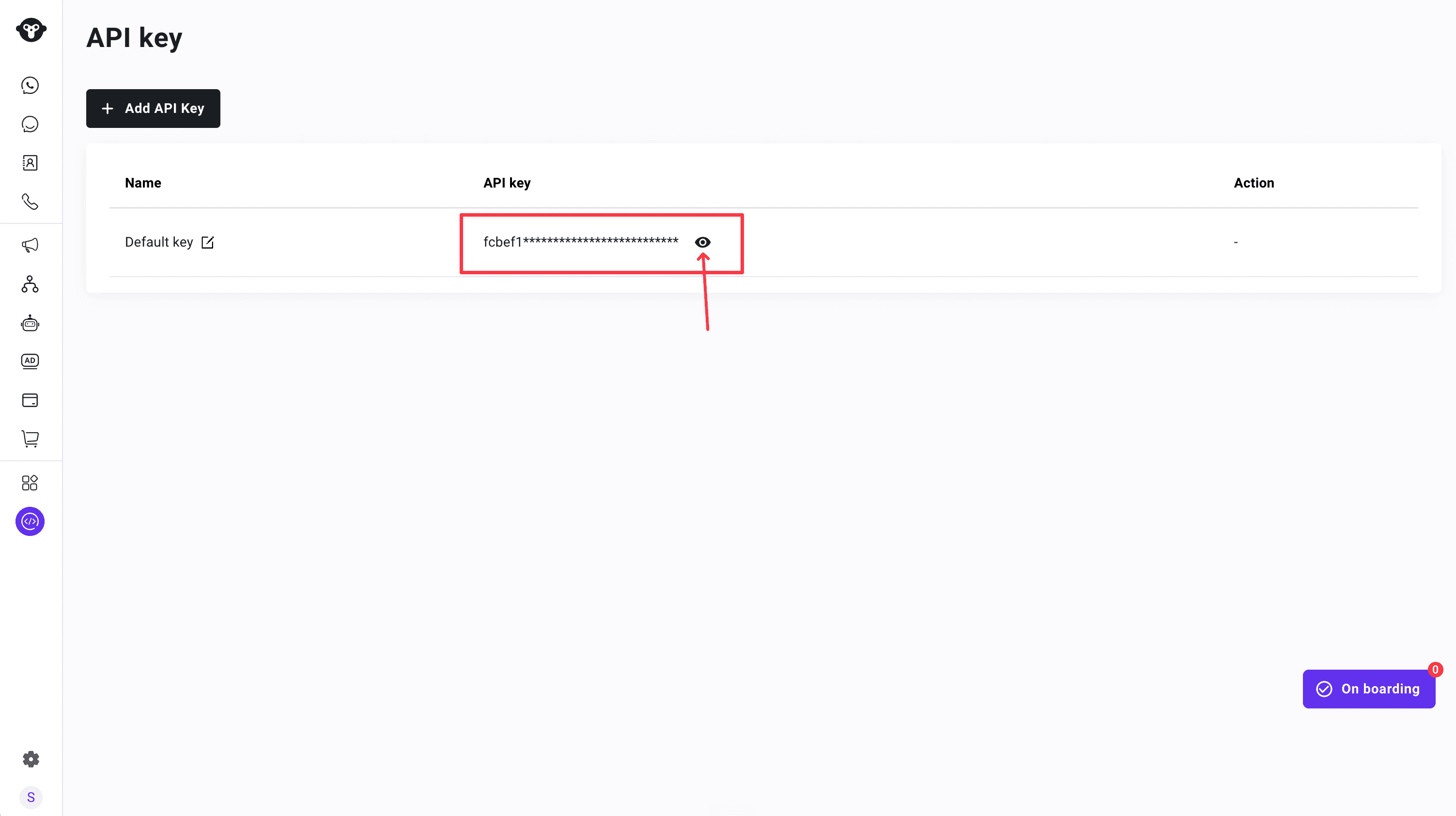 Página de API key en YCloud