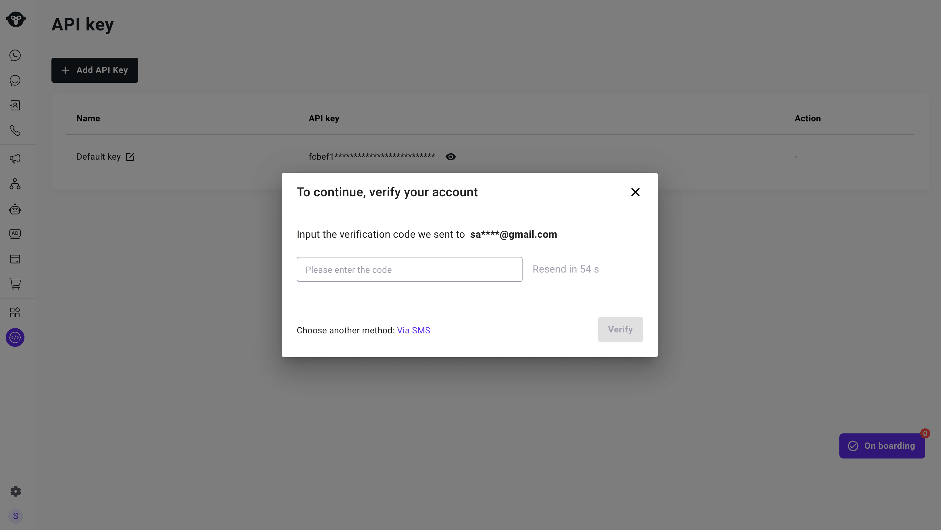 Ventana para verificar la cuenta con un código